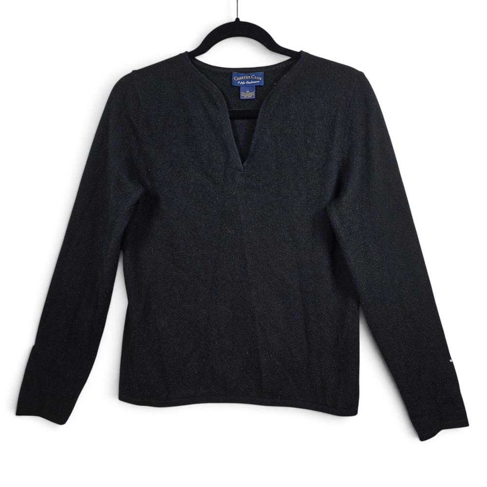 Charter Club Cashmere Sweater Womens M Black Notched V-Neck Long Sleeve Pullover